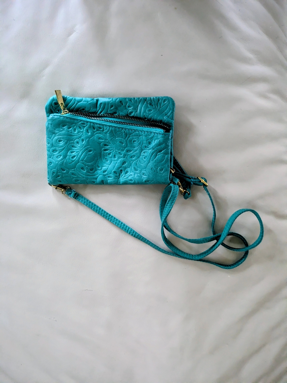 Teal Embossed Crossbody Bag with Gold Hardware